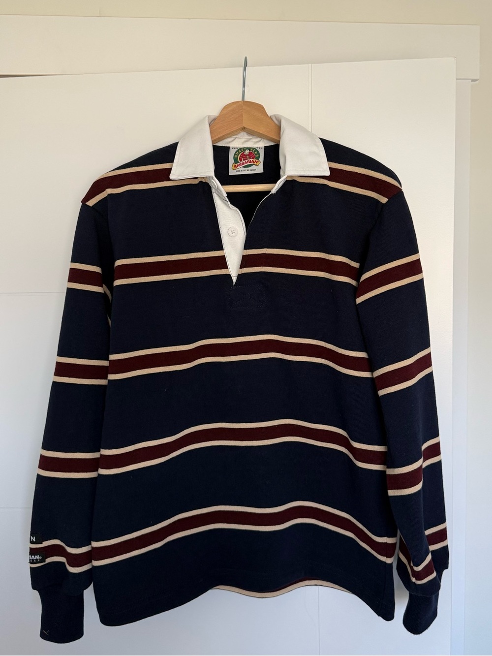 Vintage Rugby Stripe Polo - Navy with Burgundy & Cream - Unknown Brand